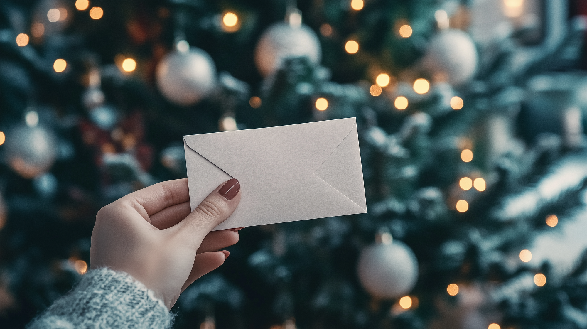 someone holding a Christmas voucher under a Christmas tree for a skin treatment 